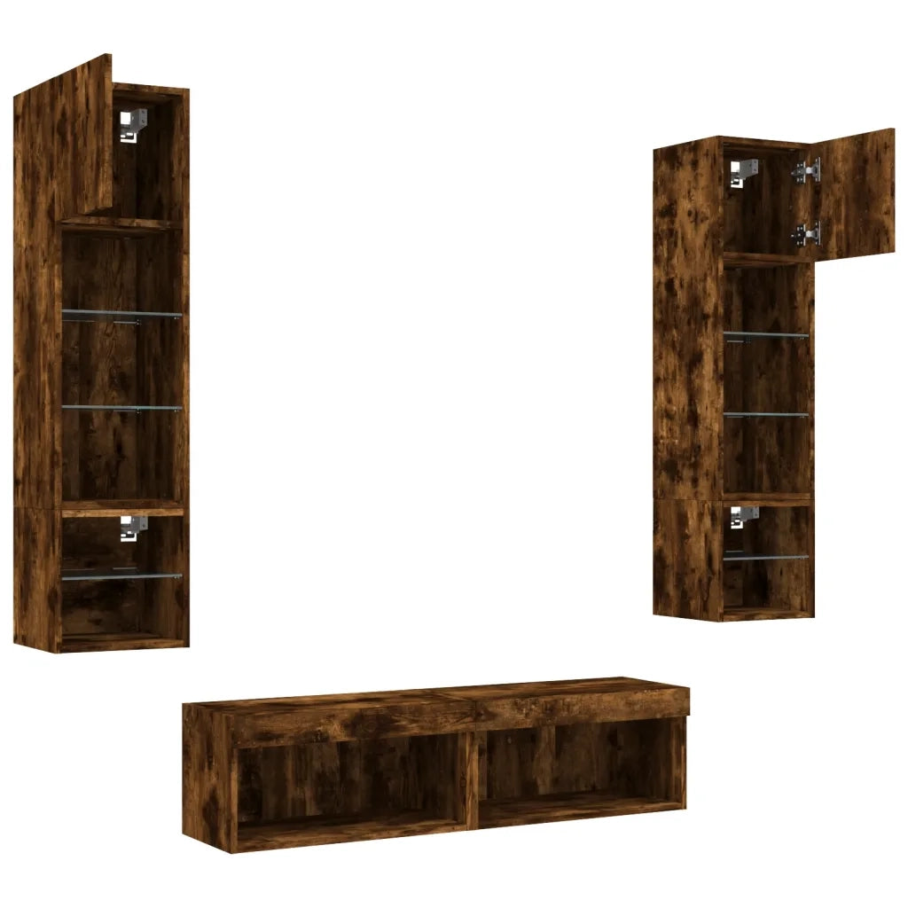 Mobili TV a Muro con LED 6pz | Armadietto TV | Mobile Porta TV Rovere Fumo in Legno Multistrato
