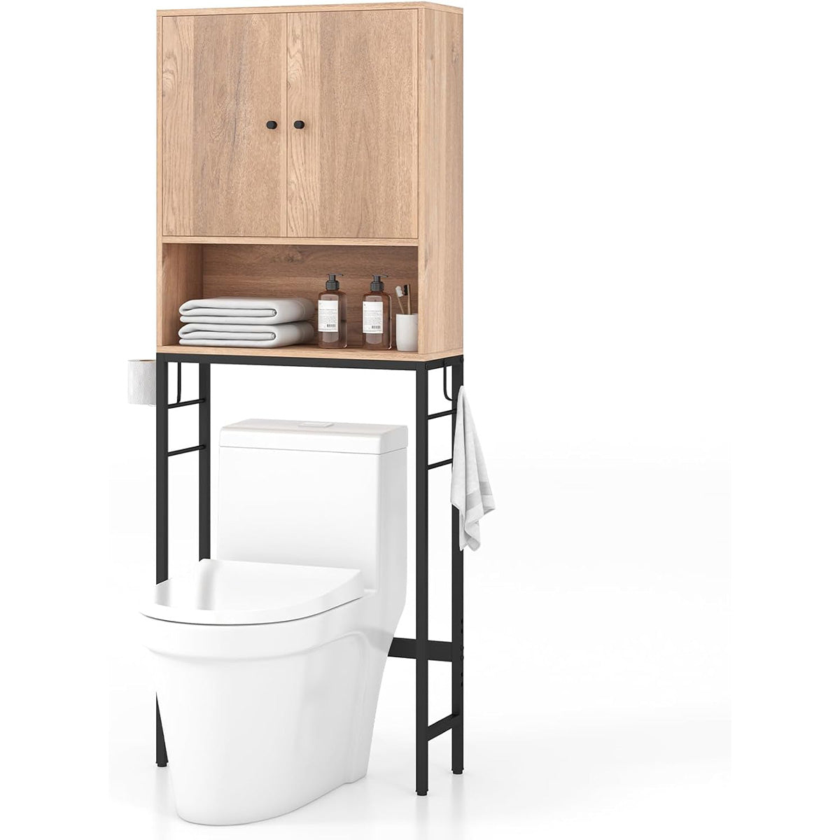 Armadio sopra il wc, Supporto per wc autoportante con 2 porte ripiano regolabile Naturale-Armadietti da bagno