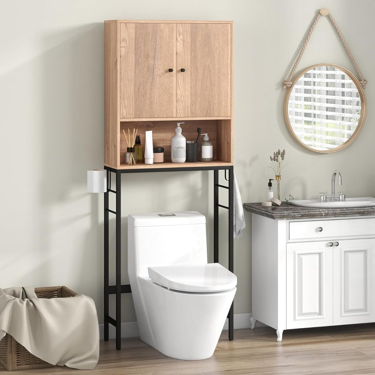 Armadio sopra il wc, Supporto per wc autoportante con 2 porte ripiano regolabile Naturale-Armadietti da bagno