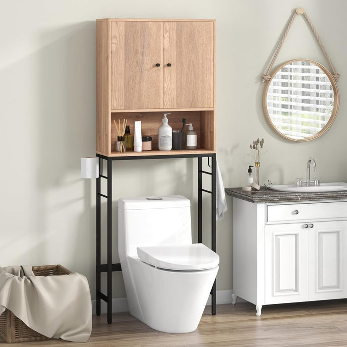 Armadio sopra il wc, Supporto per wc autoportante con 2 porte ripiano regolabile Naturale-Armadietti da bagno