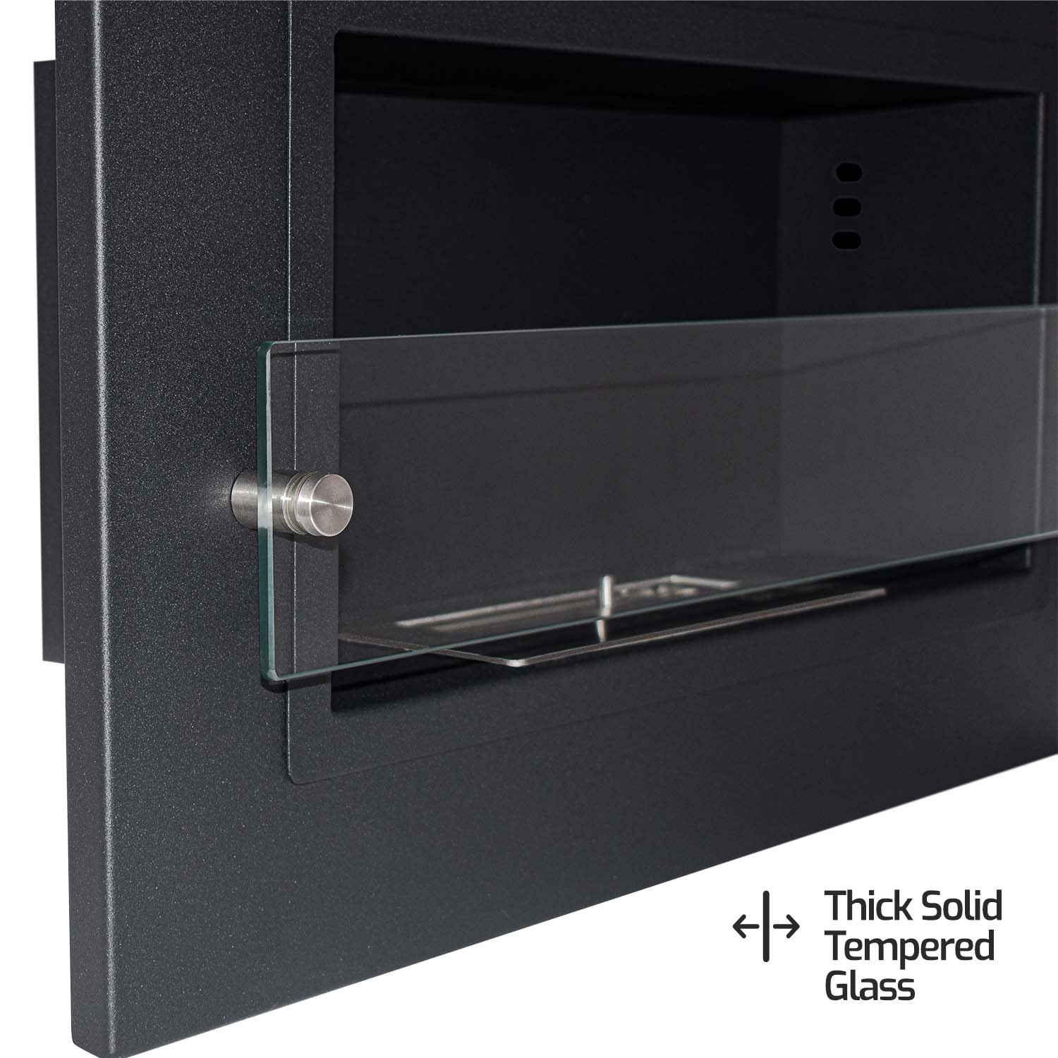 Adriano - Caminetto a bioetanolo da incasso con 1 bruciatore da 1.5L. Camino a bioetanolo in acciaio inox e vetro temperato. 64x40 cm colore nero