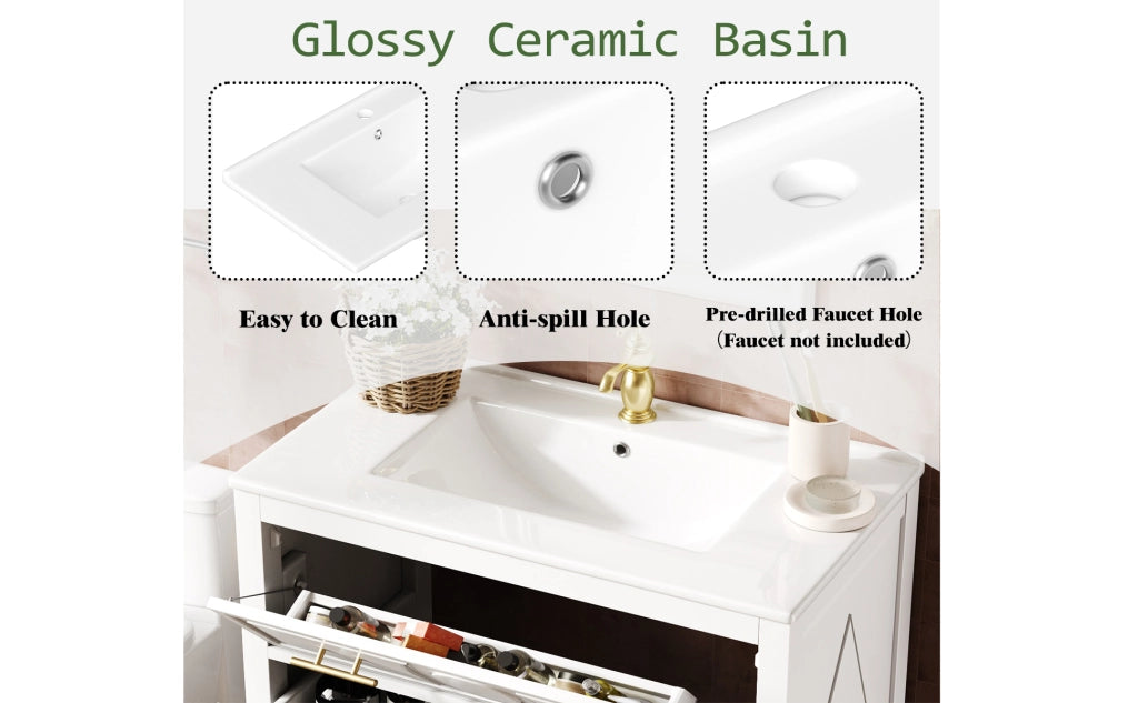 Mobile da Bagno con Lavabo in Ceramica e 3 Cassetti ¨C MINIMAL ¨C Bianco 81x46,5cm