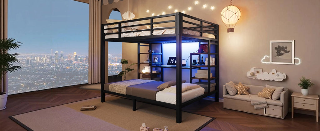 Letto a castello 140 × 200 cm sopra e 90 × 200 cm sotto con ripiani, USB, Type-C, LED, senza materasso, nero