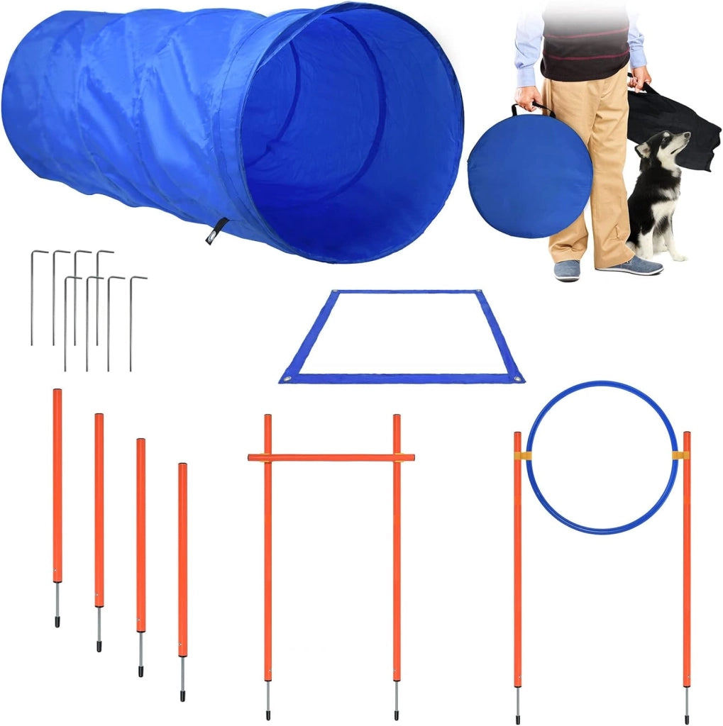 Agility Set di attrezzature per cani, giochi di addestramento per cani, accessori con ostacolo Agility, anello di salto, tunnel per cani, aste slalom, box pausa e borsa per il trasporto per