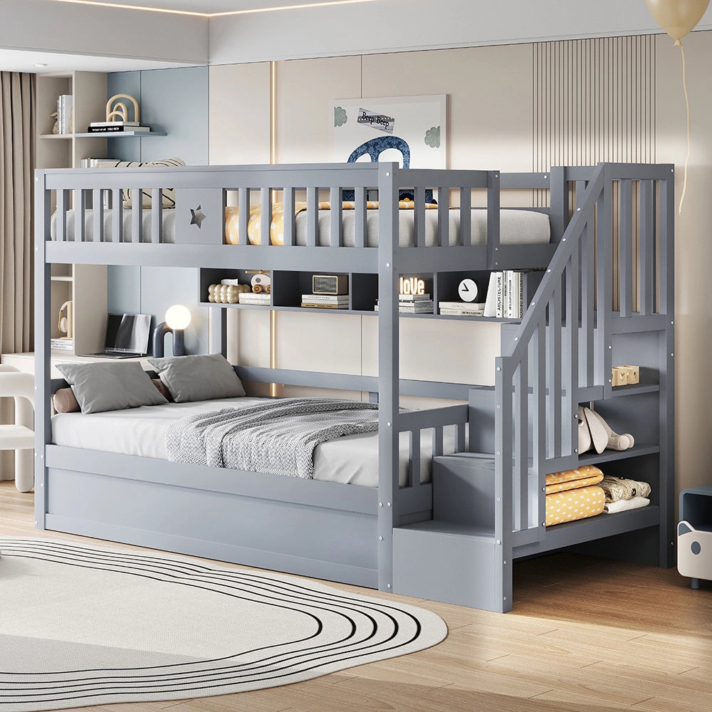 Letto a Castello Legno Ragazzi – Xylo – 90x200cm Grigio, Base Idraulica, Scala con Ripostiglio, Scaffali