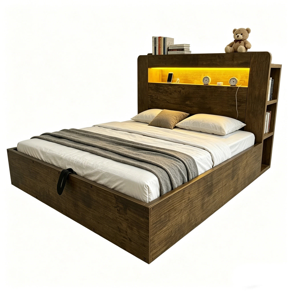 Letto Contenitore 140x200 cm; Matrimoniale - LED e Prese - in Legno - Vintage
