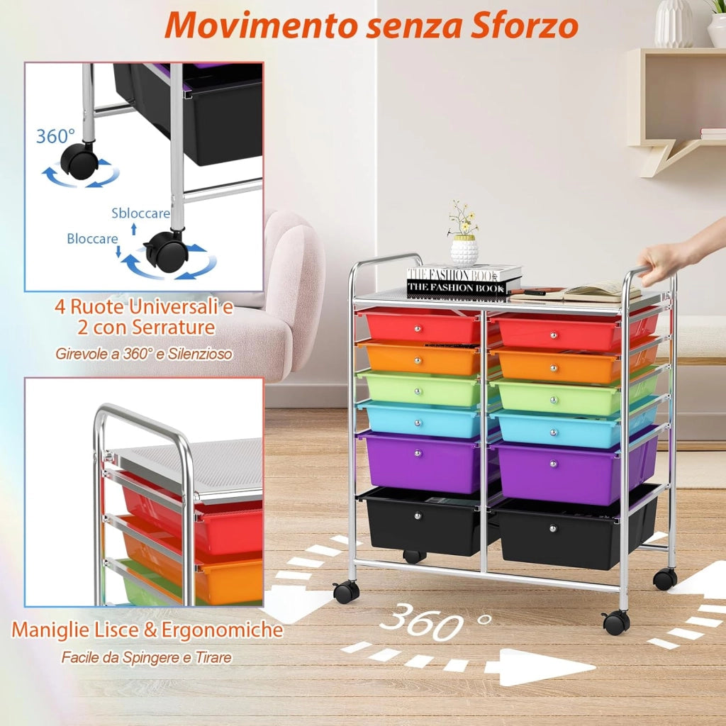 Carrello con 12 Cassetti con Ruote, Ideale per Ufficio e Domestico, 73,5 x 37 x 63 cm (Colorato)