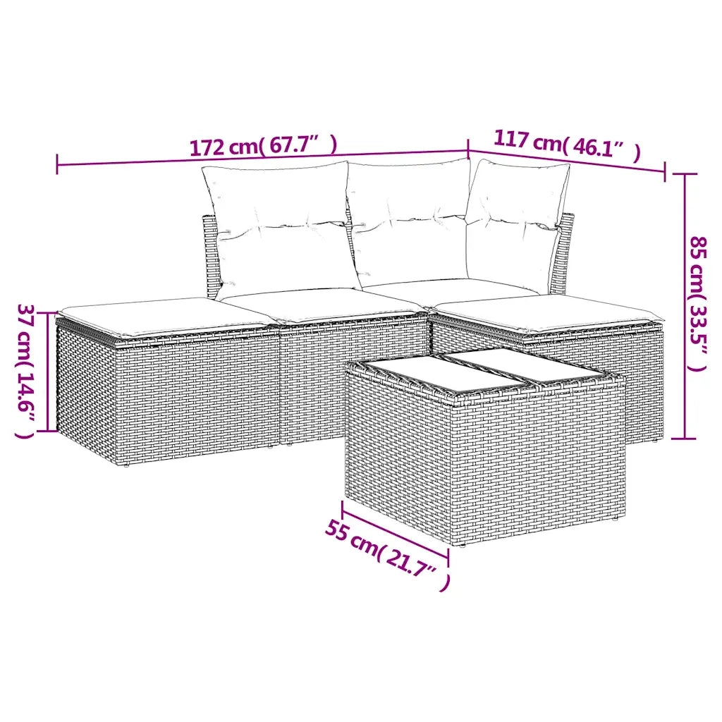 Set Divano da Giardino 5pz con Cuscini Grigio Chiaro Polyrattan