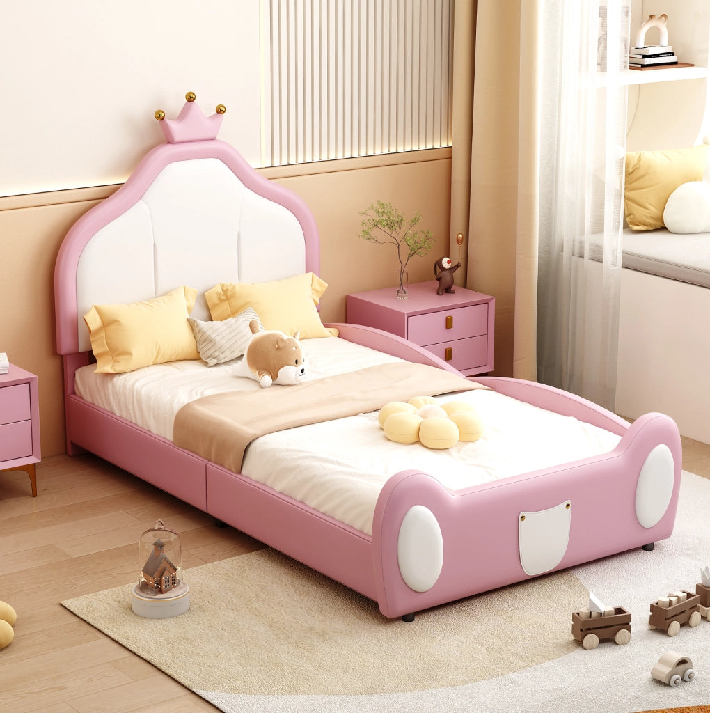 Letto imbottito 90x200 cm in similpelle bianco e rosa; testiera a corona