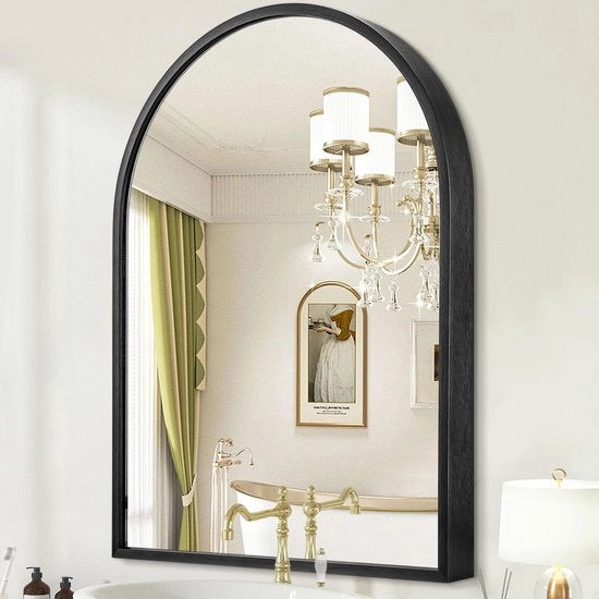 Specchio curvo, 50 x 40 cm, nero, specchio curvo con cornice in acciaio inox, superficie curva, fissaggio al muro, specchio per ingresso, soggiorno, camera da letto
