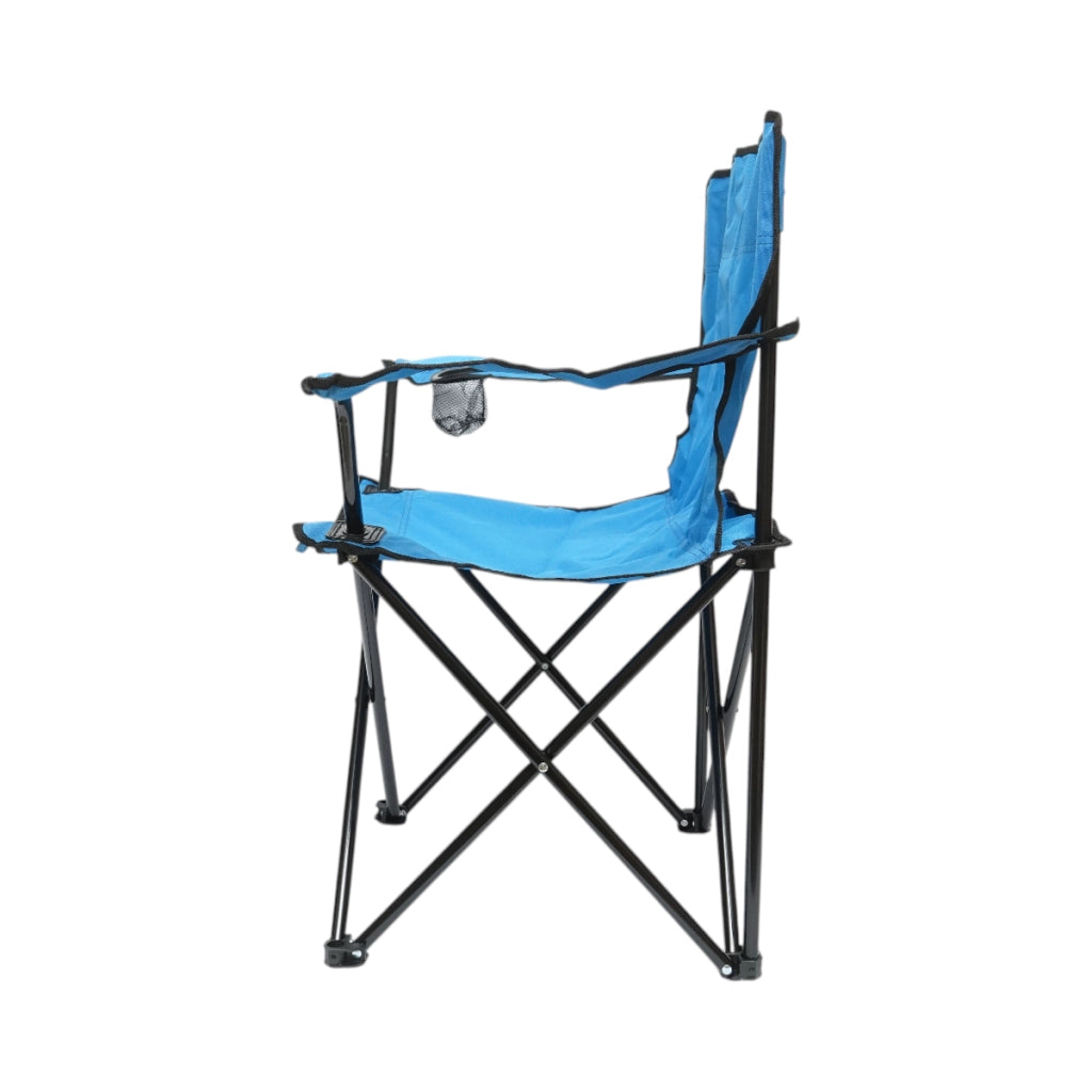 Sedia da campeggio pieghevole blu con portabicchiere, custodia per il trasporto, struttura metallica 50x80x80 cm.