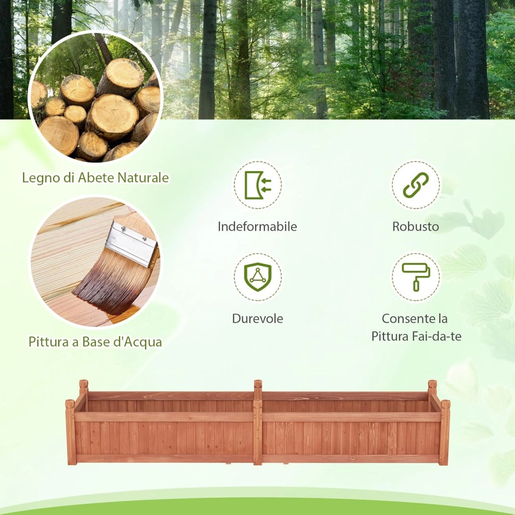Letto da Esterno Rialzato in Legno, Fioriera Rettangolo con Divisorio, Sistema di Drenaggio, Fodera in Tessuto non Tessuto, Orto Rialzato per Giardino e Cortile, 227 x 59,5 x 40 cm (Marrone)