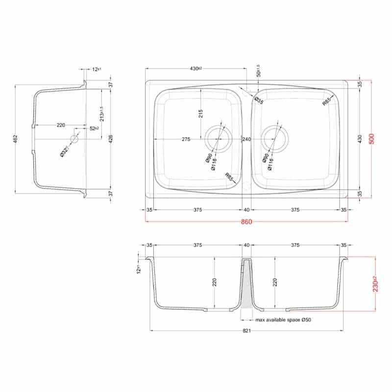 Lavello Elleci Incasso 2 vasche 86x50 Master 450 Granitek Bianco LGM45068