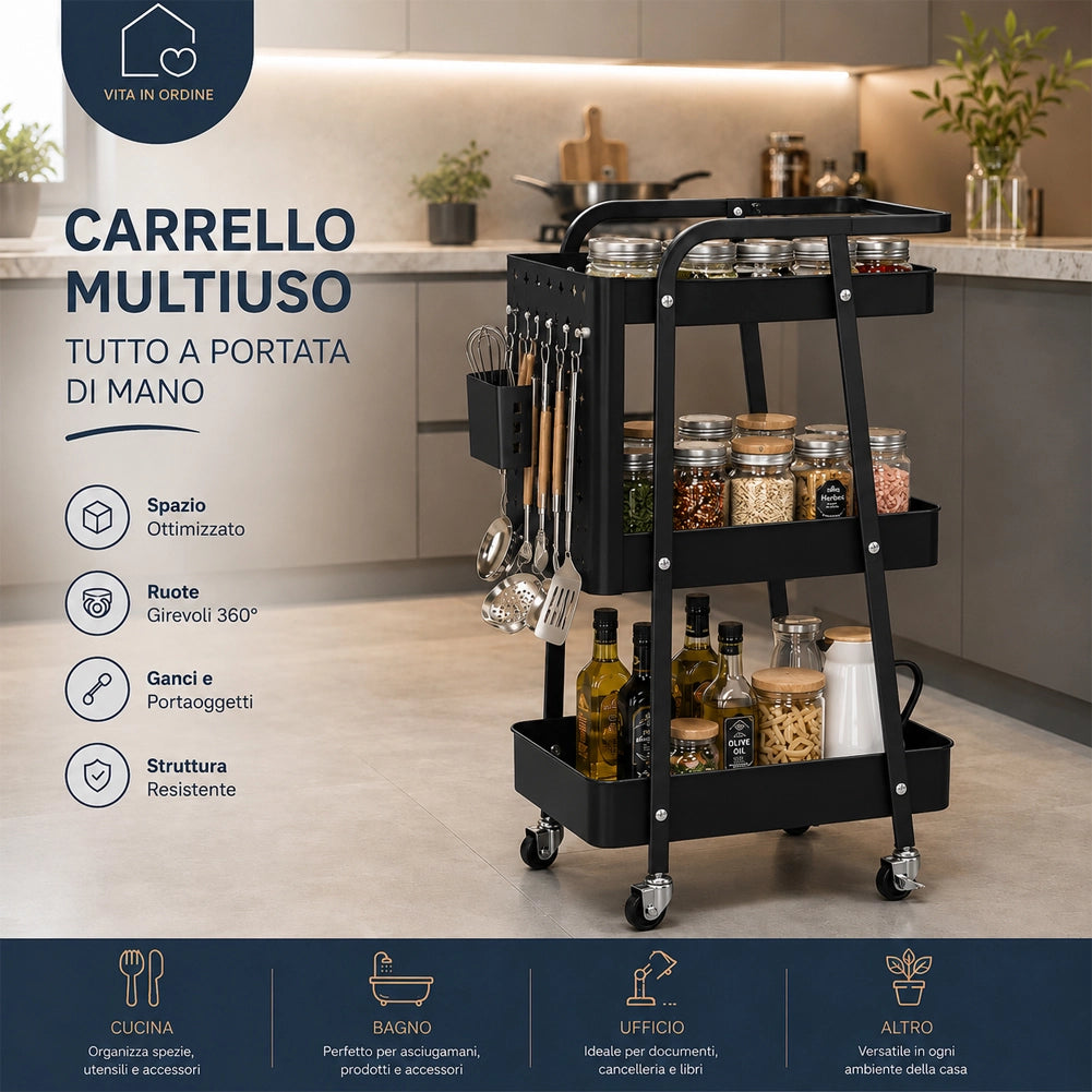 Carrello da Cucina Nero Acciaio 3 Ripiani Carrellino Salvaspazio 47.5x32x73.5cm