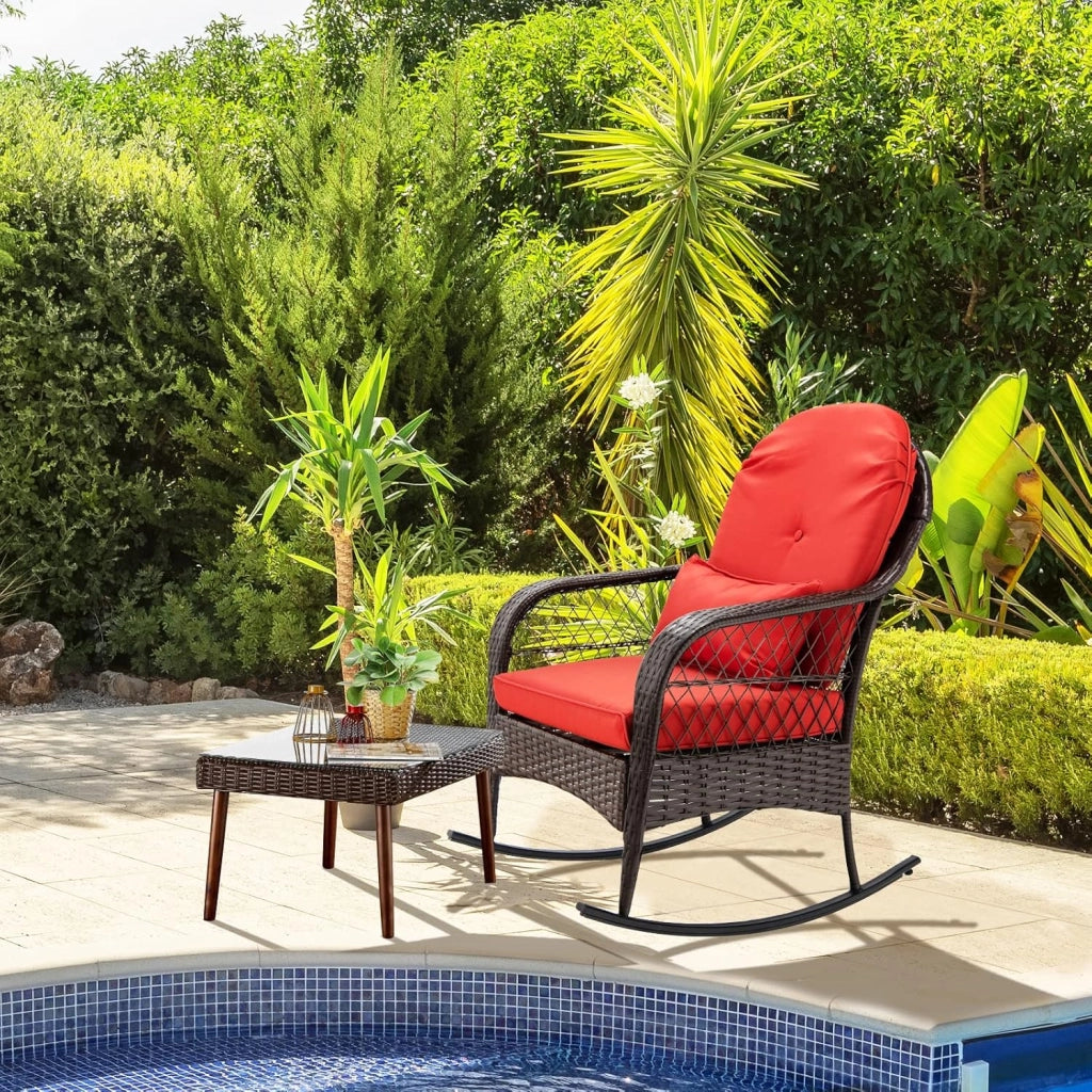 Sedia a Dondolo in Rattan per Cortile, Poltrona da Esterno con Cuscini Morbidi, Struttura in Acciaio Resistente, Sedile Ergonomico per Piscina Balcone Giardino, Carico Massimo 110 kg