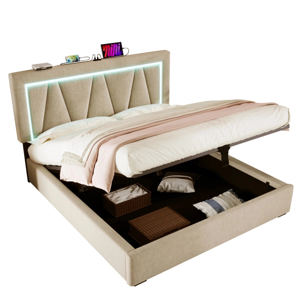 Letto matrimoniale 160x200 cm in lino beige con LED; USB e porta Type-C; contenitore