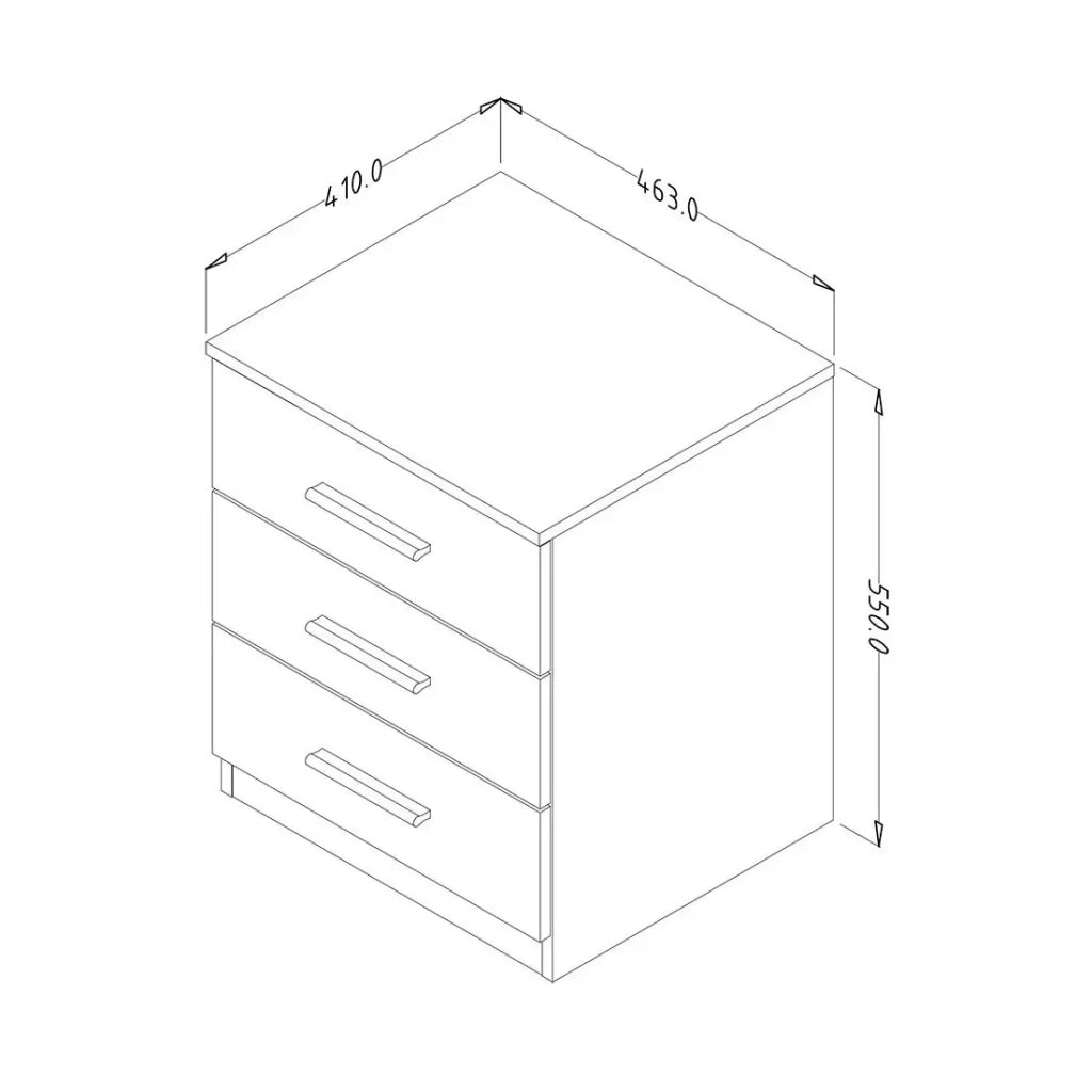 Comodino tre cassetti, collezione EOS. Colori rovere chiaro e nero.