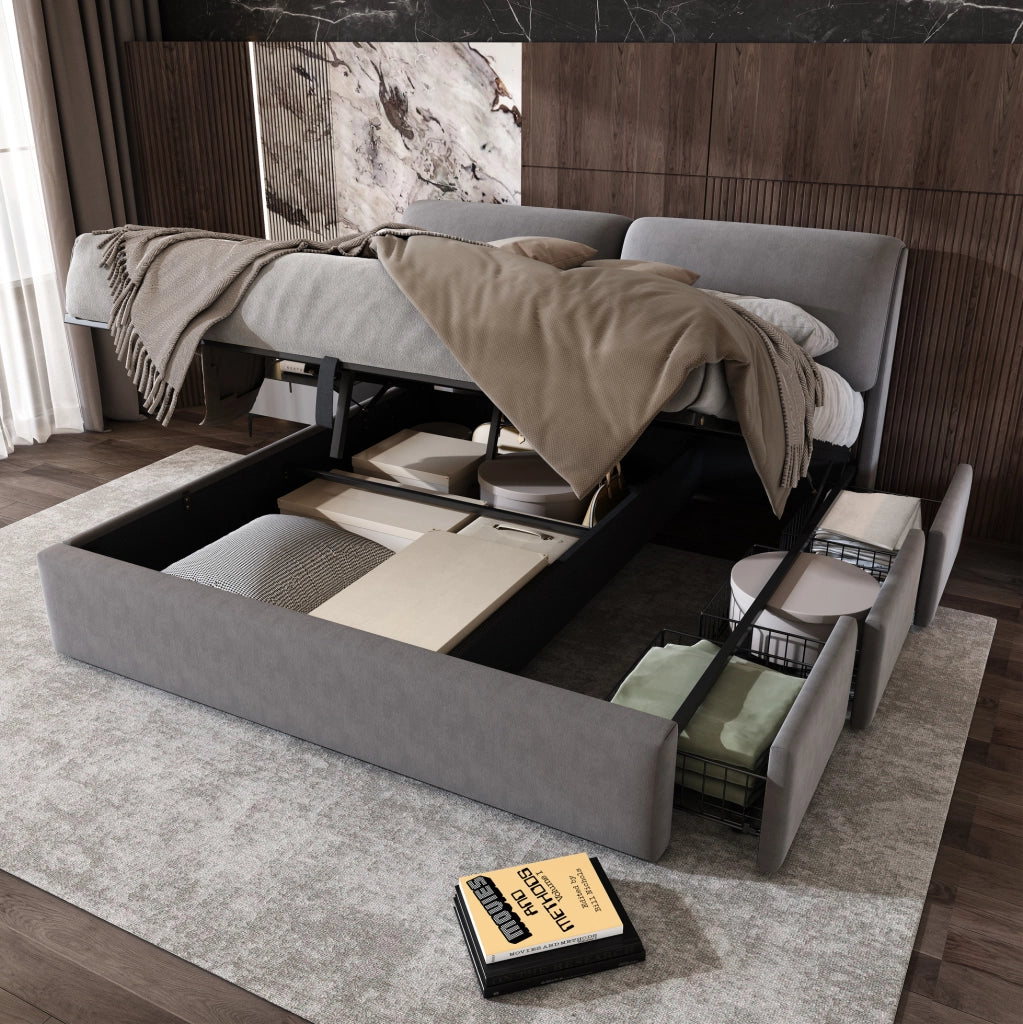 Letto matrimoniale 180x200 cm con contenitore idraulico e 3 cassetti; in velluto grigio