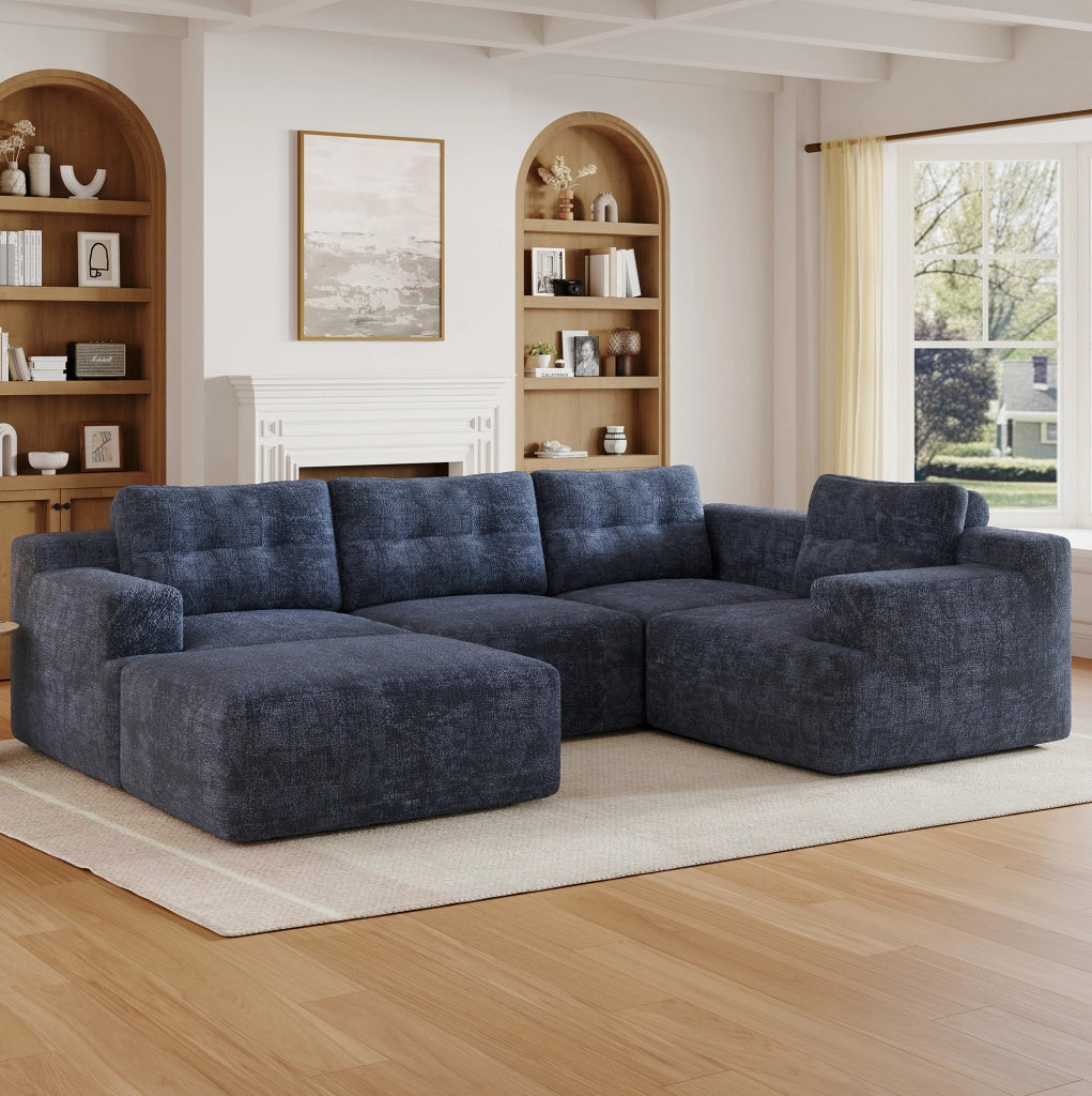 Divano modulare a U in ciniglia blu con poggiatesta e pouf; 252 × 180 × 82 cm