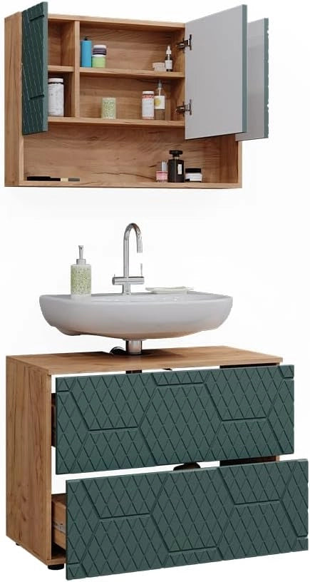 Set mobili bagno Irma, Quercia verde/oro, 80 cm, composto da specchio da bagno e mobile sottolavabo
