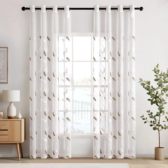 Set di tende a voile da 2 pezzi - Foglia trasparente a disegno - H 225 x B 140 cm - Tende da finestra moderne - Decorazione a maglia elegante - Avviso di sicurezza