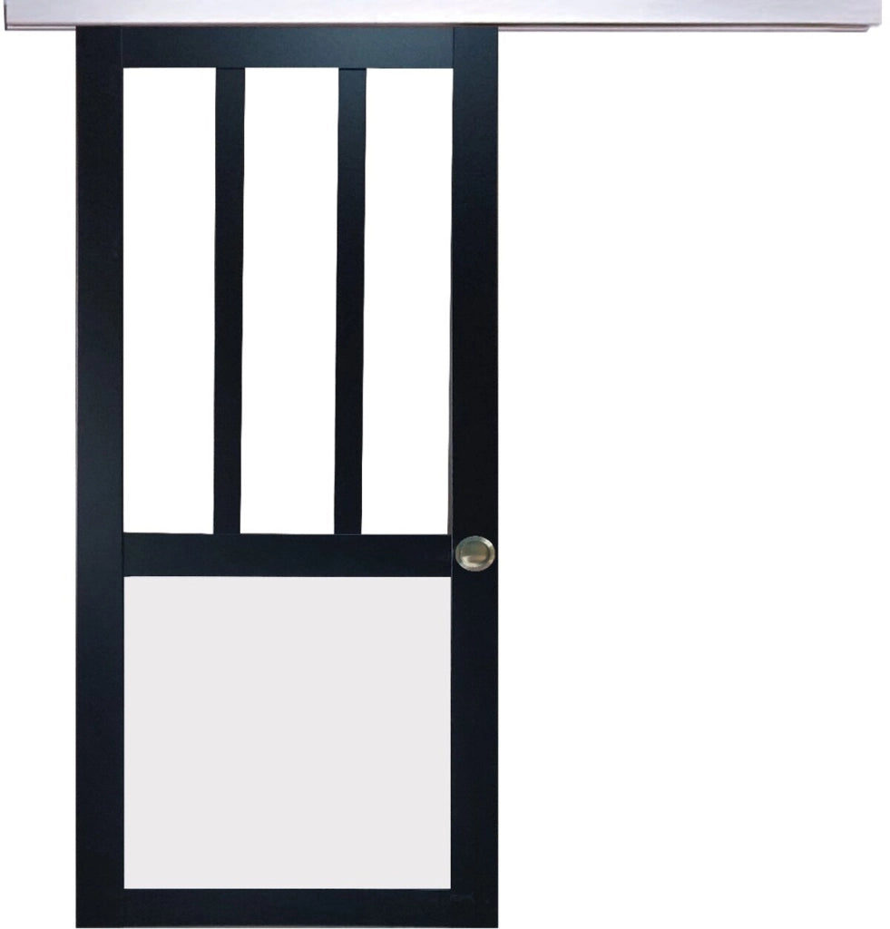 Porta Scorrevole Officina Nera e Pannelli Vitree Bianco H204 x L83 + Binario in Alluminio e 2 Gusci