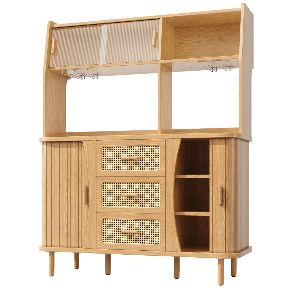 Credenza con vani aperti, vetrina e 3 cassetti in MDF e metallo effetto legno, 140 × 40,5 × 174,5 cm