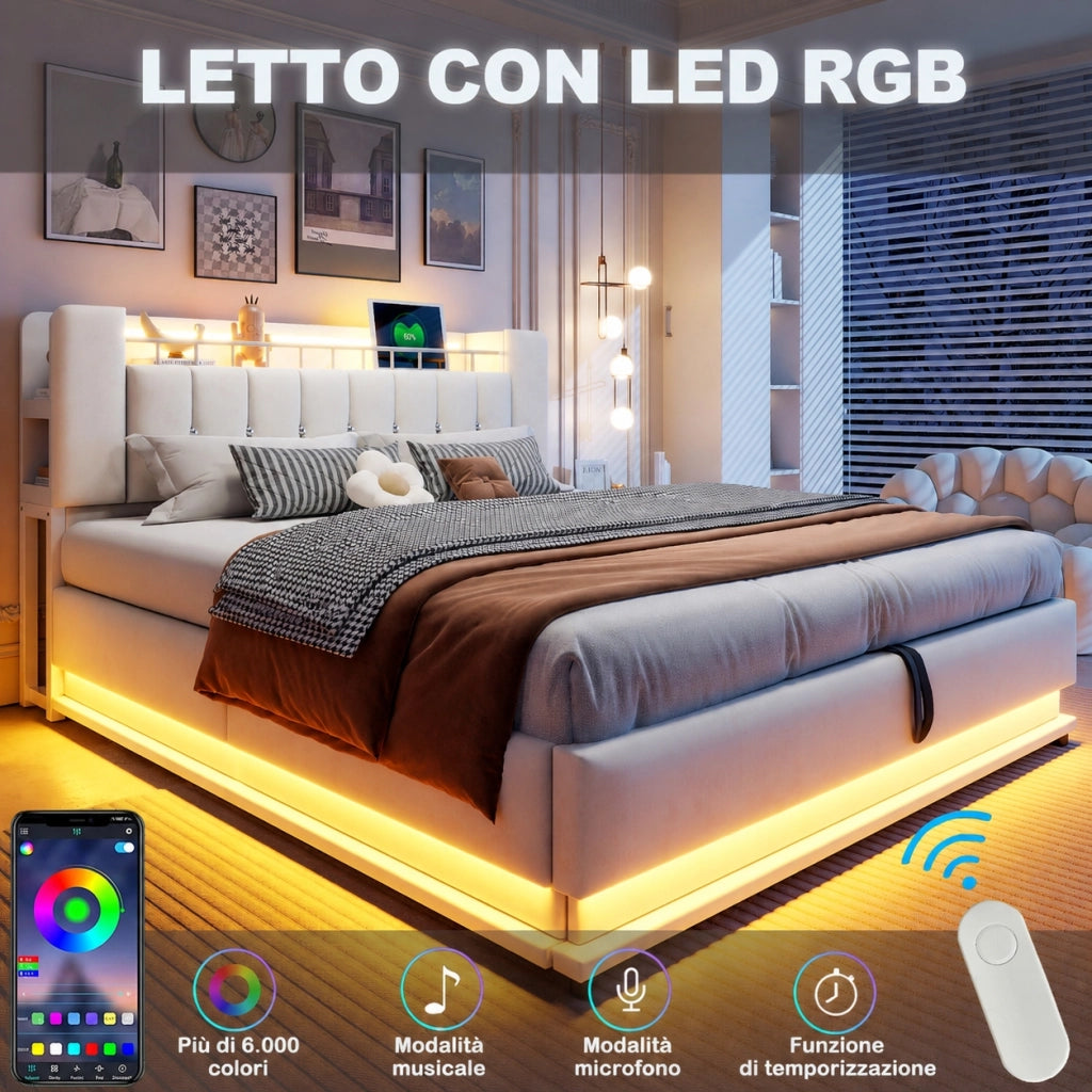Letto matrimoniale imbottito 180x200 beige con LED e contenitore; velluto e metallo