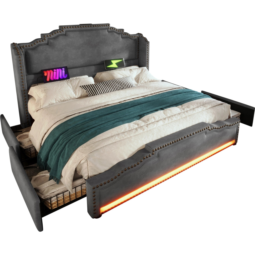 Letto matrimoniale in velluto grigio 180x200 4 cassetti LED USB-C doghe