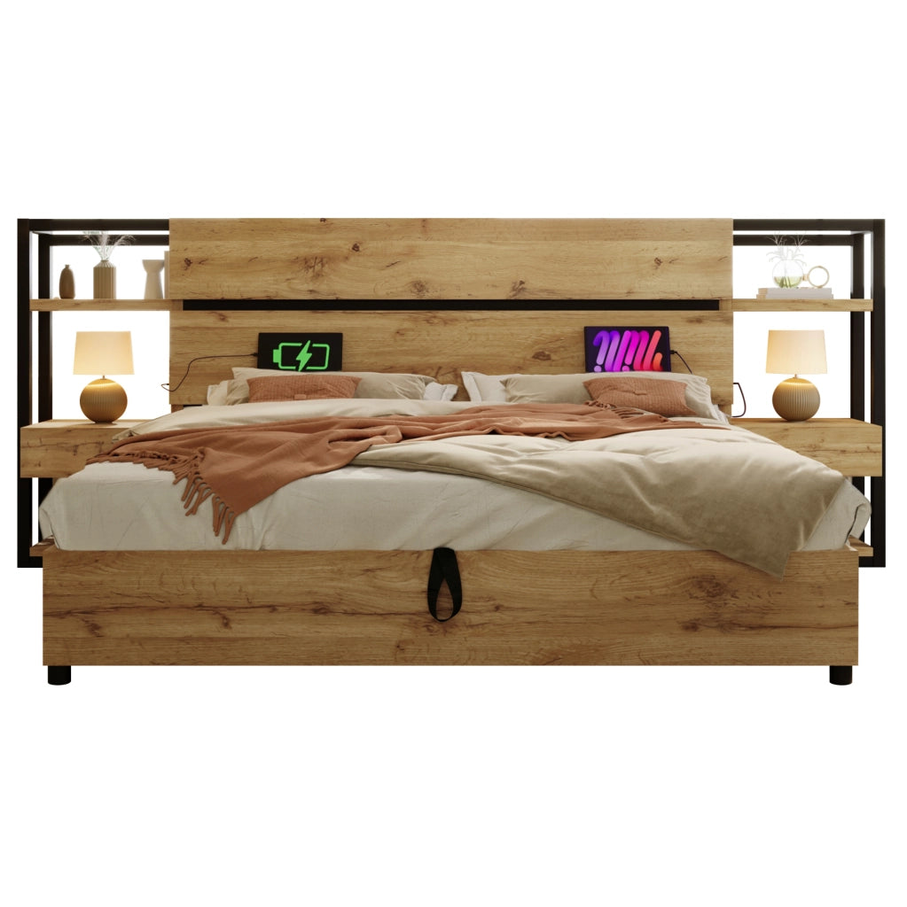 Letto matrimoniale ULEVR 180x200 cm con contenitore, comodini con cassetti e ricarica USB e Type-C, rovere