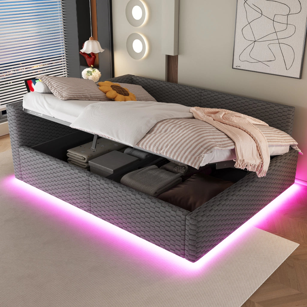 Letto a Divanetto 140x200 cm; Contenitore; LED; USB e Type-C; in Velluto; Grigio