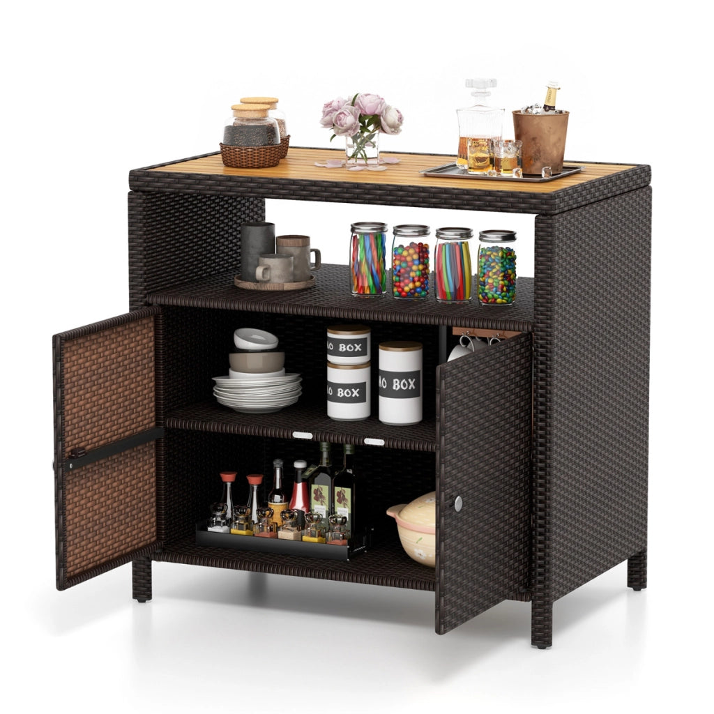 Armadietto portaoggetti in rattan con piano in legno di acacia-Mobile buffet per esterni con armadio a 2 ante Marrone