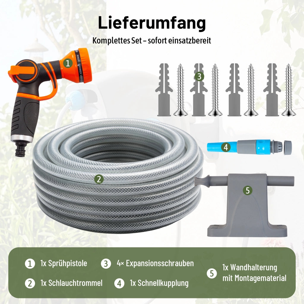 Avvolgitubo da 20 m a parete con riavvolgimento automatico, avvolgitubo da giardino e pistola a spruzzo 9 in 1, resistente ai raggi UV e al gelo,