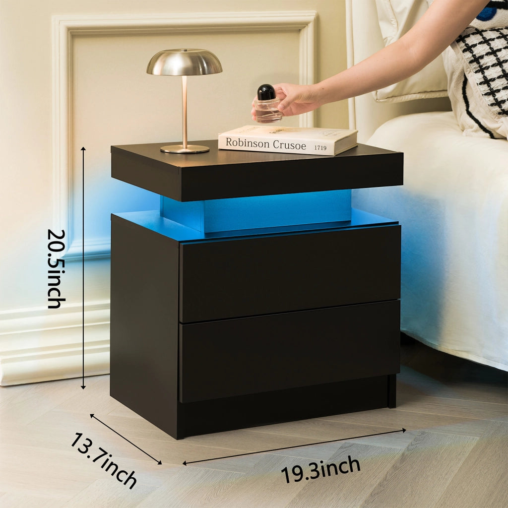 Comodino con LED multicolore, 2 cassetti e vano aperto, per camera da letto e soggiorno, nero, in legno ingegnerizzato