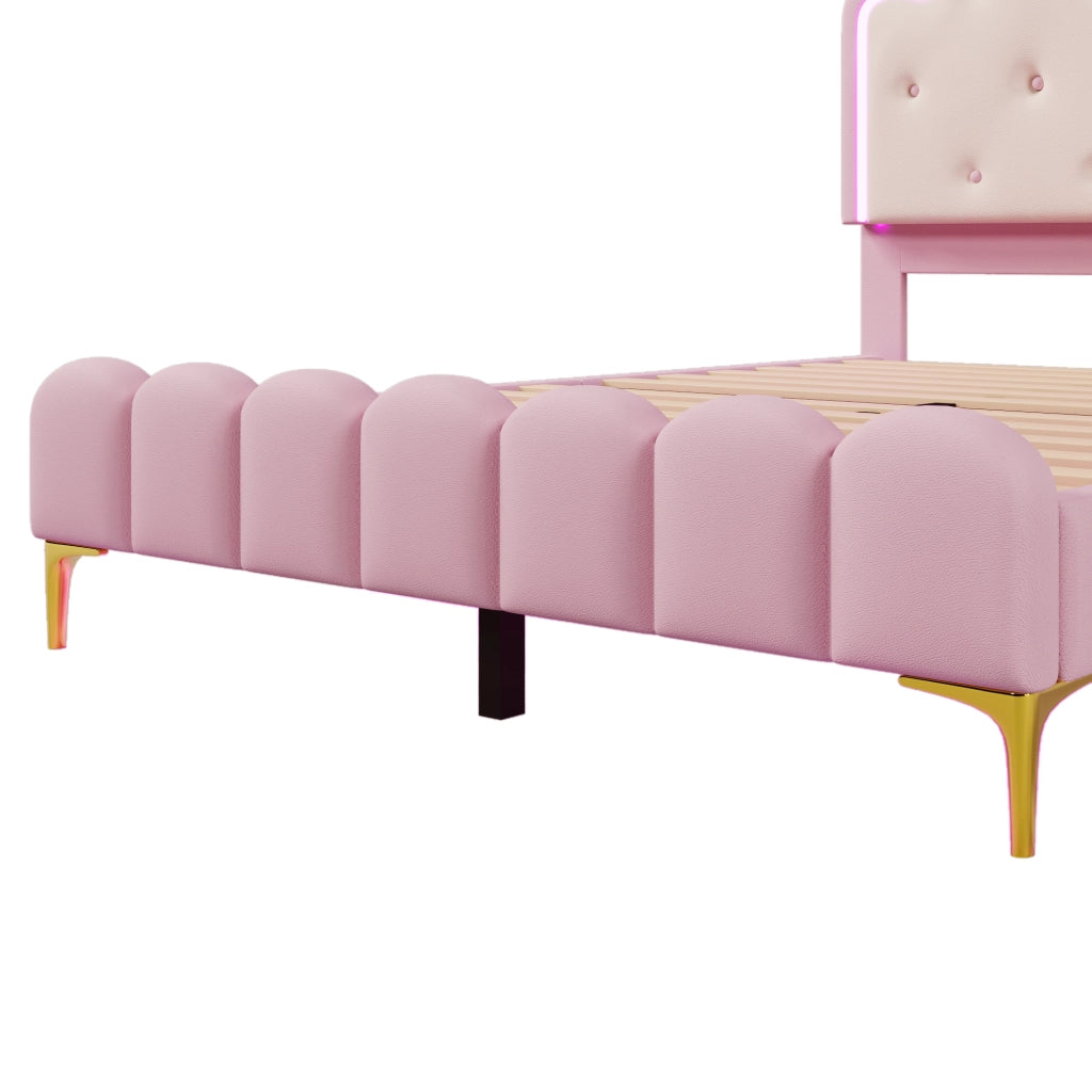 LETTO 140x200 cm in PU Rosa con illuminazione LED ambientale