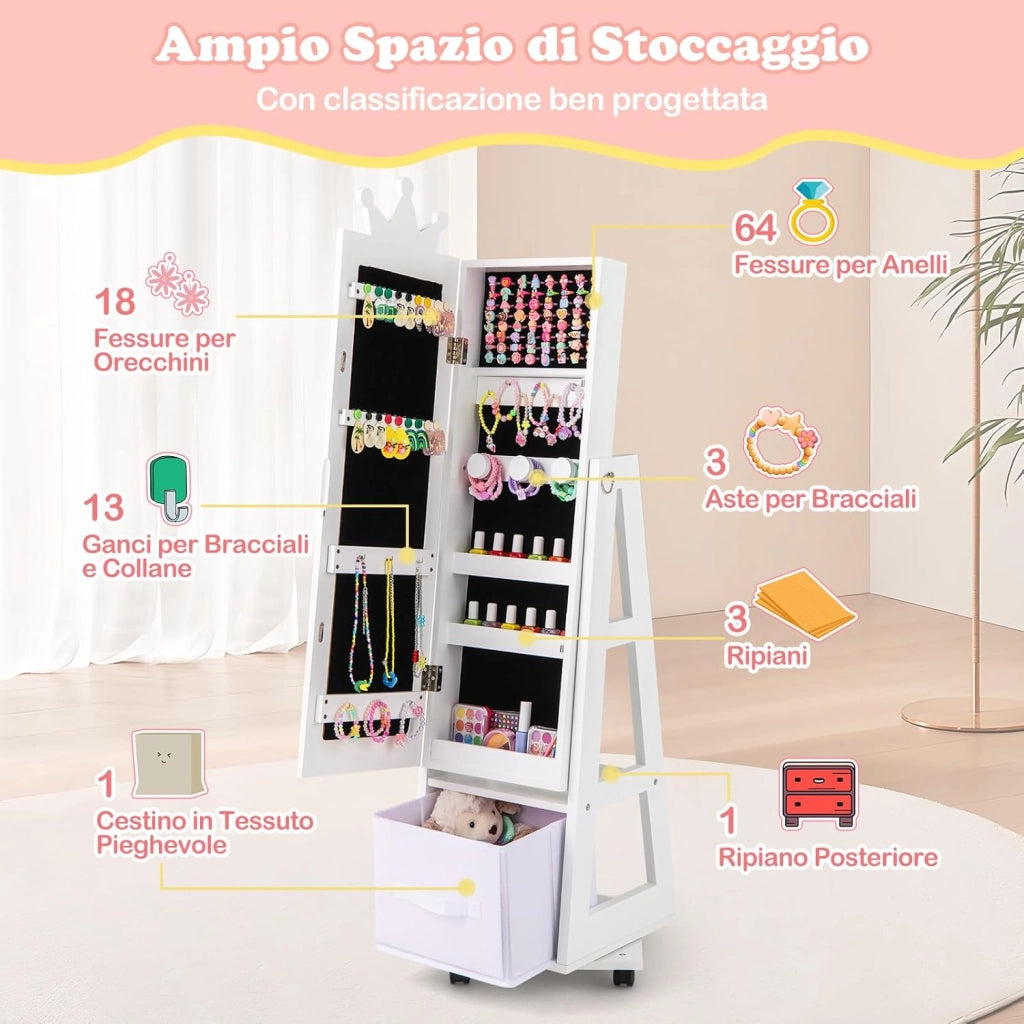 Specchio Portagioie da Terra, Armadietto Portagioielli e Girevole con Specchio a Figura Intera e 4 Ruote Universali Bloccabili, Specchiera da Camera da Letto per Bambini