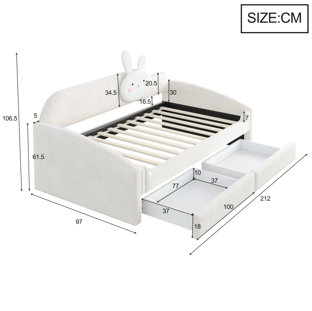 Letto imbottito per bambini 90x200 cm con 2 cassetti; LED; velluto beige