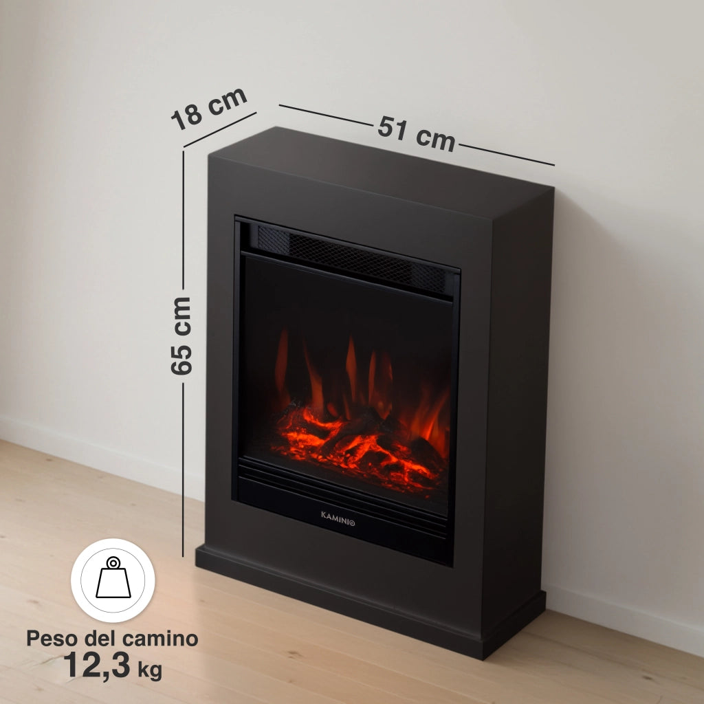 KAMINIO Camino elettrico KALLE - Caminetto elettrico a pavimento con riscaldamento, effetto fiamma 3D, telecomando - Nero