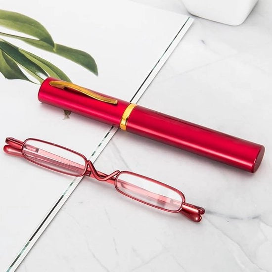 Occhiali da lettura metallici ultra sottili, adatti sia per uomini che per donne, con tasca portatile - 2.0 diottrie (rosso)