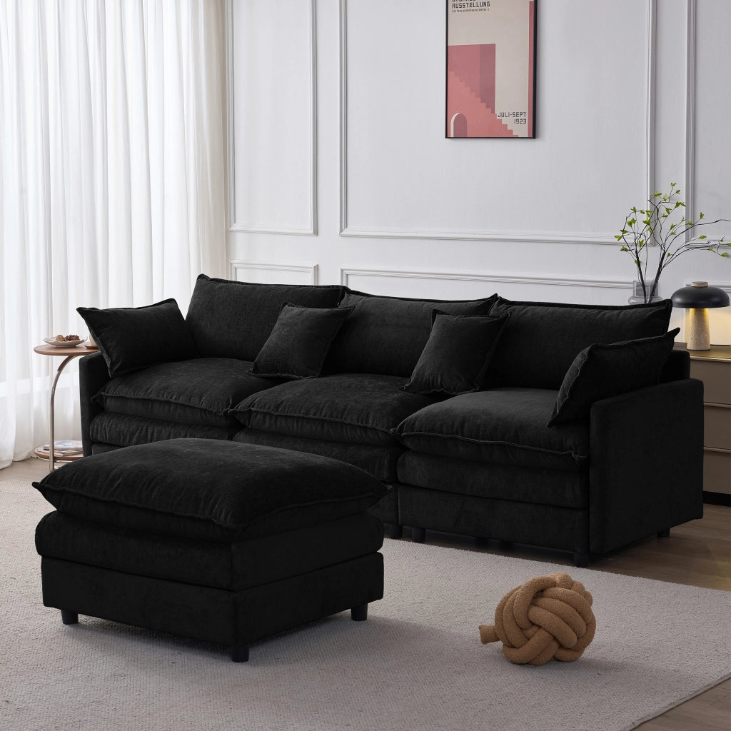 Divano angolare modulare 3 posti con pouf mobile chaise longue e rivestimento sfoderabile in chenille nero