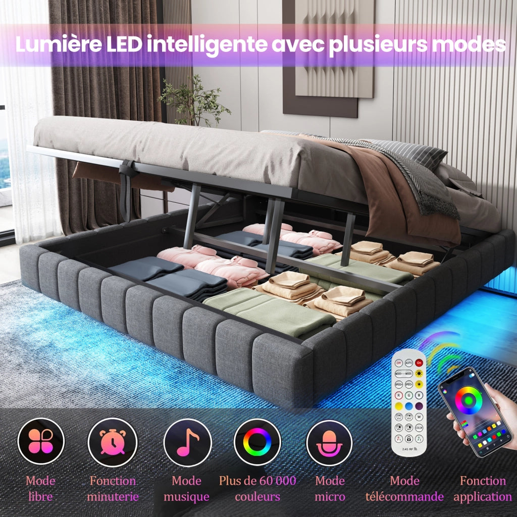 Letto Contenitore 180x200 cm con LED e scomparto nascosto in tessuto imbottito Grigio