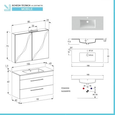 Mobile bagno sospeso 100 cm Smart bianco legno con specchio contenitore