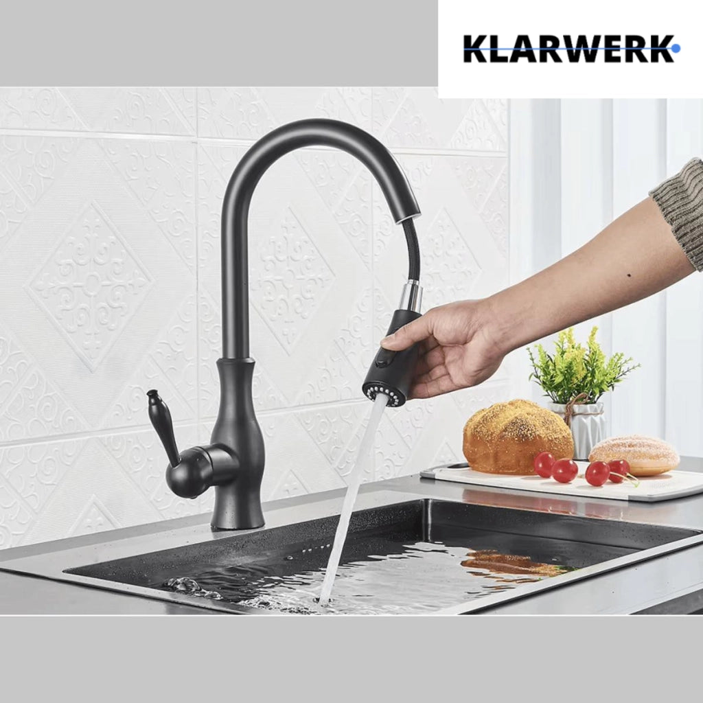NAVIS | Elegante rubinetto cucina estraibile in acciaio inox nero, arco alto, miscelatore di lusso, alta pressione, 360°, 2 attacchi