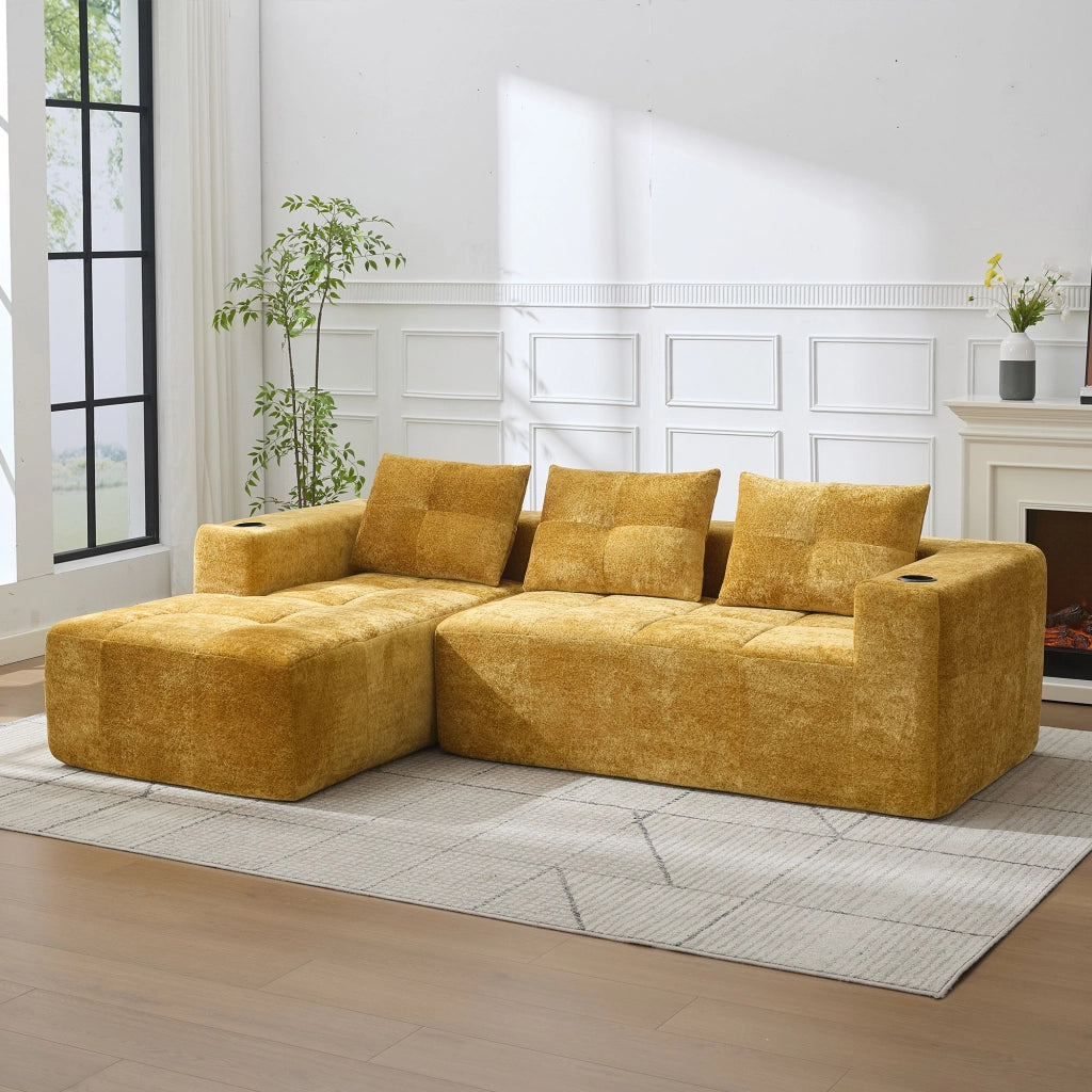 Divano ad angolo 4-5 posti con portabicchieri, seduta profonda, in ciniglia Giallo, 258 cm