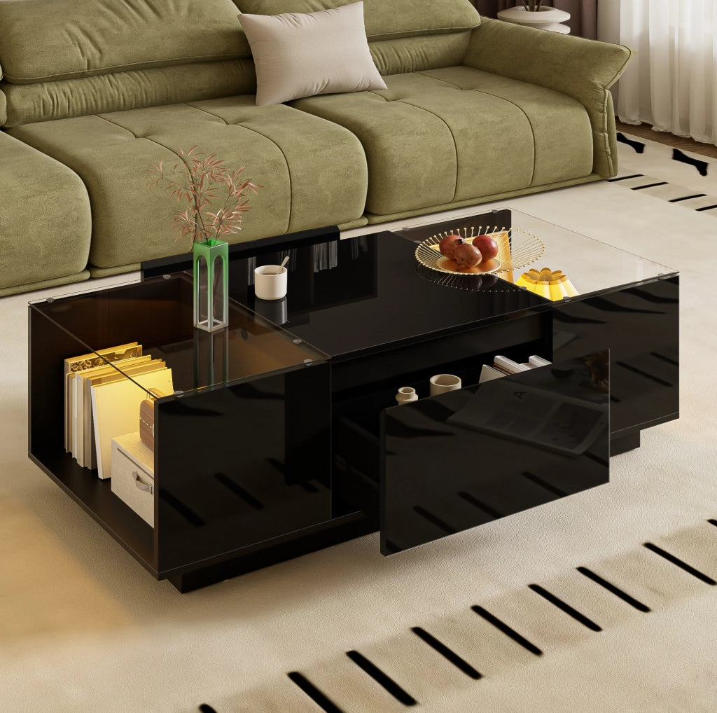 Tavolino da salotto 105x50x35 cm con LED; 2 cassetti; vetro; pannello truciolare nero