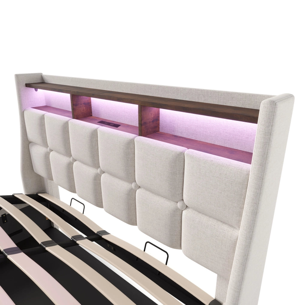 Letto matrimoniale imbottito 140x200 cm in lino beige con LED e USB; stile vintage