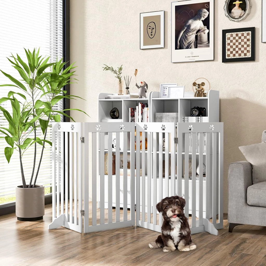 Cancelletto per Cani di Legno Pieghevole, con 3/4 Ante e Cuscinetti Antiscivolo, Ideale per Scale e Porta d'Ingresso, 203 x 89,5 cm (Bianco, 4 Pannelli)