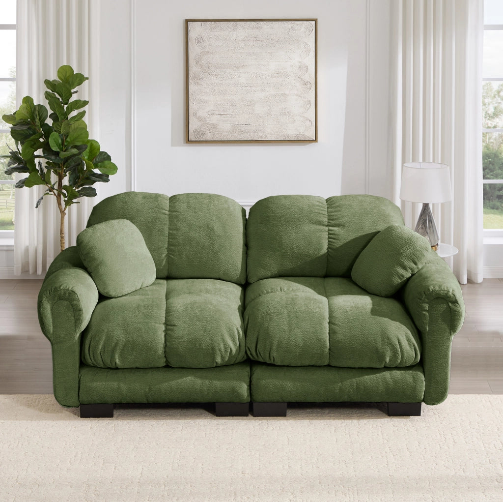 Divano 2 posti 190x86x90 cm verde in chenille; cuscini trapuntati modulari