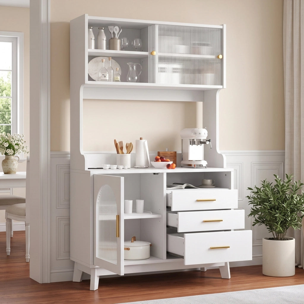 Credenza e madia con 2 prese e porte USB-A e USB-C, per cucina e sala da pranzo, bianco, 100,5 × 40 × 178 cm