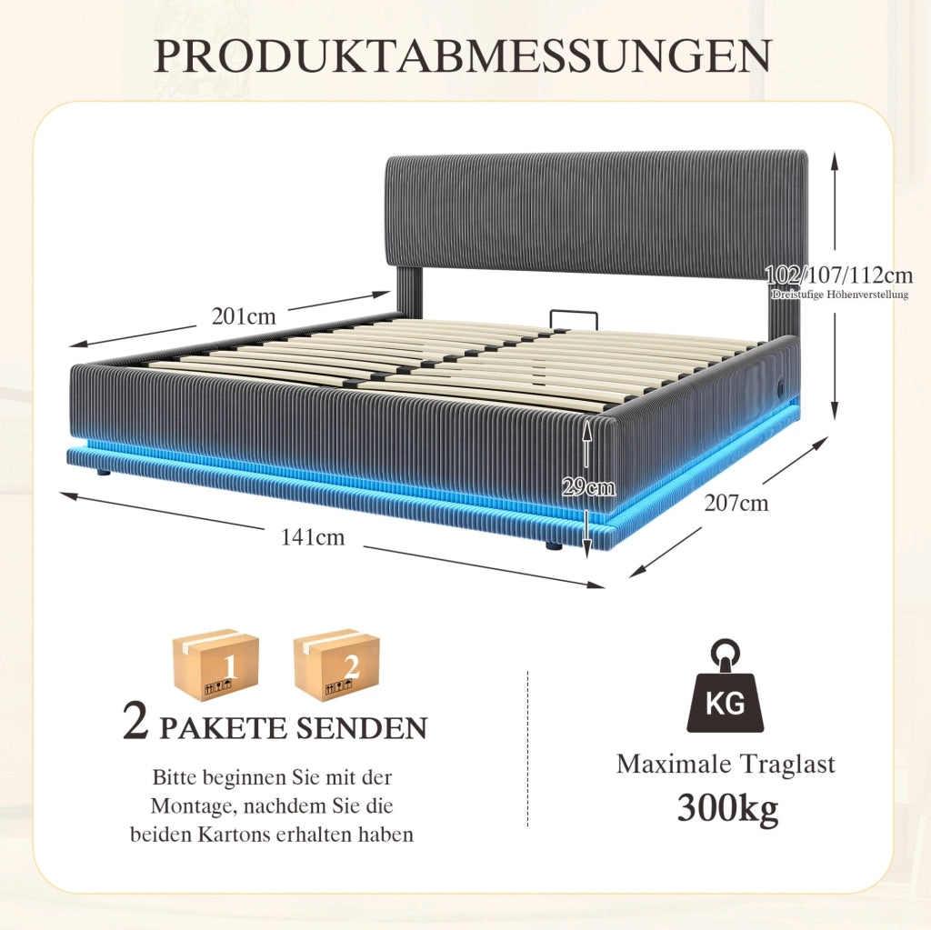 Letto matrimoniale imbottito 140x200 cm in tessuto corduroy grigio scuro; testiera regolabile con LED e USB-C